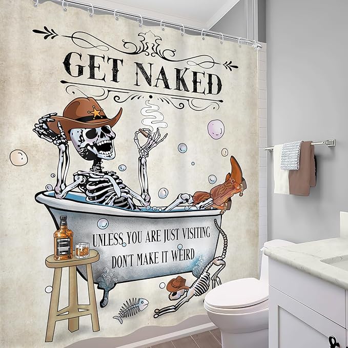 Western Cowboy Skull Skeleton Shower Curtain Funny Cool Texas Gothic Spooky Unique Mexican Bone in Bathtub Bubbles Retro Helloween Bathroom Decor Cat 60Wx72H Bath Curtain Polyester 12 Pack Hook