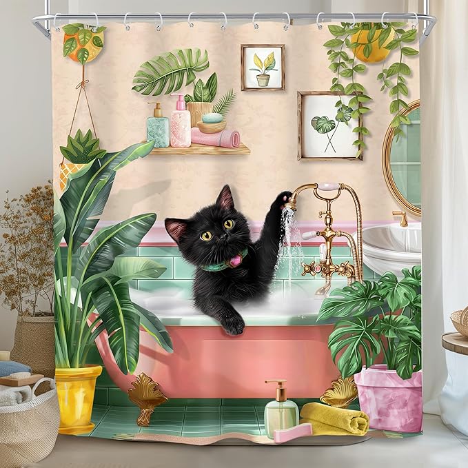 SVBright Pink Cat Shower Curtain 60Wx72L Inch Kids Black Cat Lover in Bathtub Kitten Cute Cartoon Animal Lovrely Vintage Pet Girl 12 Pack Hooks Polyester Waterproof Fabric Bathroom Bathtub Panels
