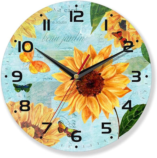 Vintage Teal Sunflower Wall Clock for Bathroom,Sunflower Wall Clocks Silent Non-Ticking Battery Operated Clock 10 Inch,Wall Clocks Decorative for Living Room,Kitchen,Office