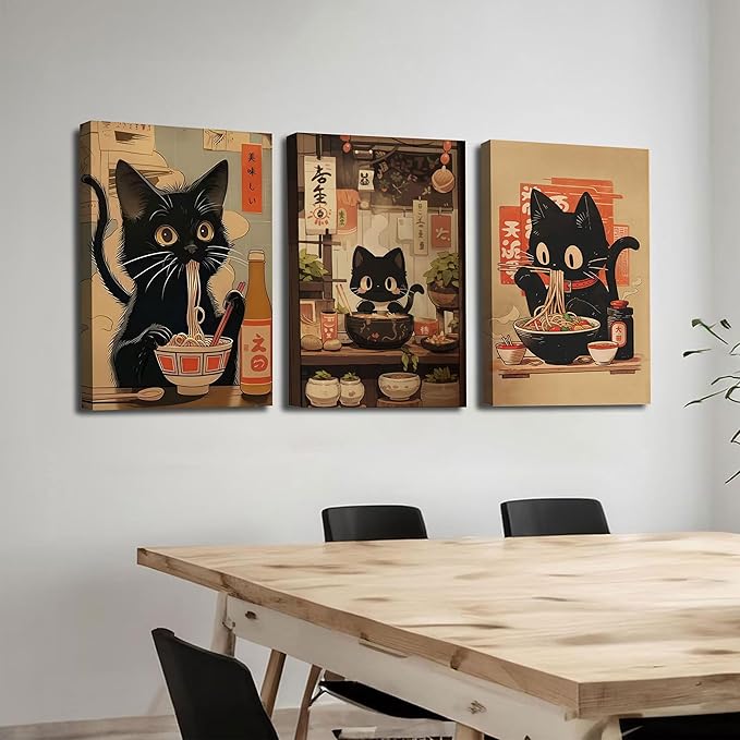 3Pcs Framed Japanese Funny Black Cat Canvas Wall Art Vintage Cat Eating Ramen Posters Prints Edo Period Ramen Cat Pictures Unique Kitchen Painting Dining Wall Decor Animal Lover Gift 12x16in