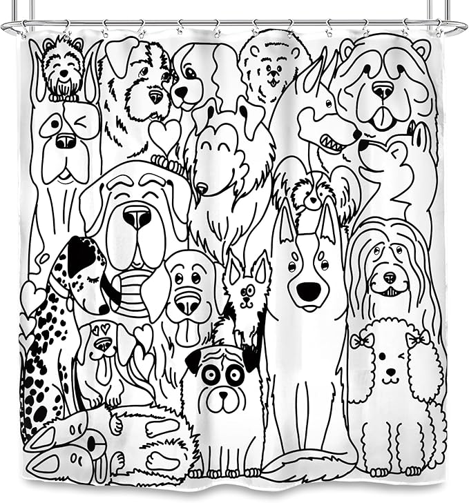 SVBright Funny Cute Dog Shower Curtain 72Wx72L Inch Cartoon Black and White Lovely Animals Silhouette for Kids Kawaii Cool Hilarious 12 Pack Hooks Polyester Waterproof Fabric Bathroom Bathtub Panels