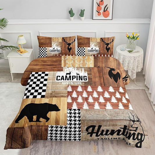 Camping Hunt Kids Comforter Bedding Set for Boys Girls,Bear Deer Silhouette Collage Wooden Pattern Comforter with 2 Pillowcases(Camping Hunt Full)