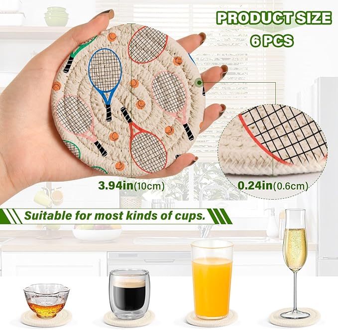 Tennis Rackets Balls Coasters for Drinks Set of 6 Woven Drink Coaster Set Absorbent for Housewarming Gift Coffee Table Home Decor