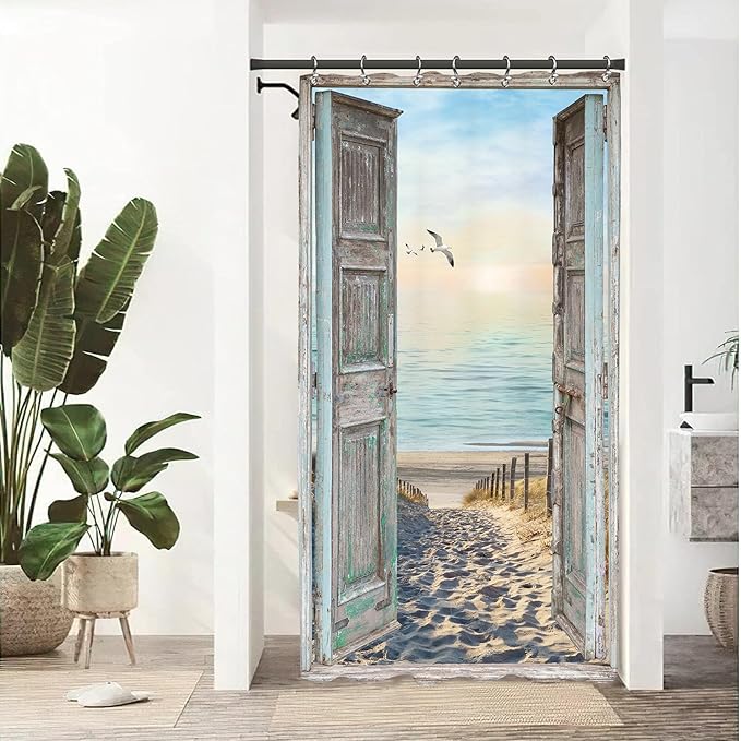 Yookeb Stall Beach Coastal Seaside Bathroom Shower Curtain 36W by 71H Inch Half Ocean Rv Hawaiian Sea Sunset Narrow Barn Door Scenery Rustic Landscape Polyester 7 Plastic Hooks Waterproof Decor