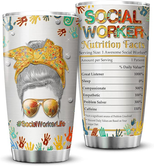 ZOXIX Social Worker Travel Mug Tumbler 20oz Graduation Appreciation Gifts For BSW DSW Colorful Messy Bun Hair Jewelry Style MSW LCSW Gift For Women Caregiver Insulated Cup With Lid