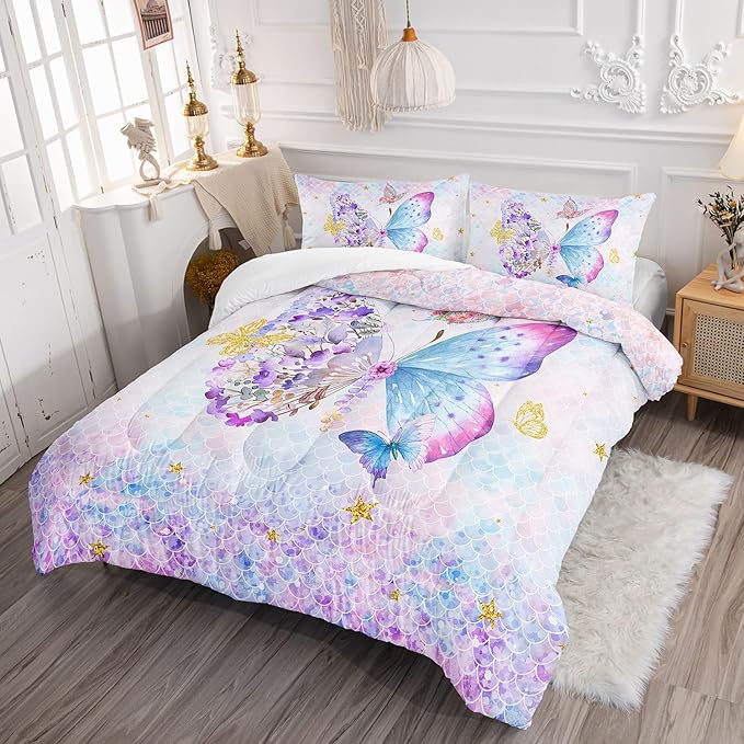 Butterfly Comforter Set Scales Butterfly Printed Quilt Bedding Set with 1 Comforter and 2 Pillowcases for Boys and Girls Bedroom All Season(Butterfly Scales Queen)