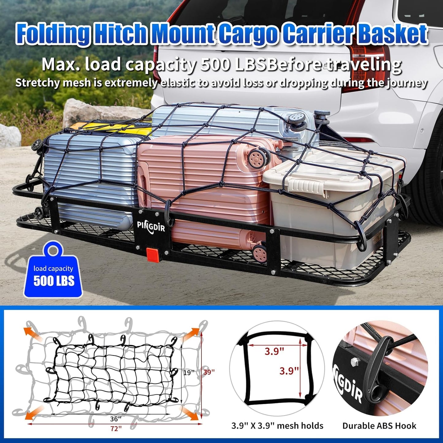 Folding Hitch Mount Cargo Carrier Hitch Rack Basket 60"*21.5"*6" Hauling Weight Capacity of 500 Lbs, Waterproof Cargo Bag 58" 19" 24", with Hitch Stabilizer,Cargo Net and Ratchet Straps