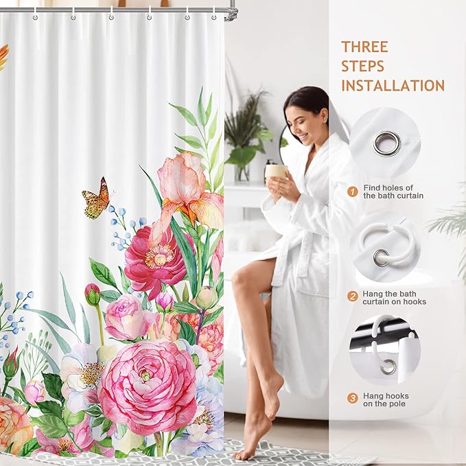 Vimorco Flower Hummingbird Shower Curtain, Floral Shower Curtains for Bathroom with Hook, Waterproof Polyester Fabric Shower Curtain, Hummingbird Flower Shower Curtains Set, Bath Curtain Decor