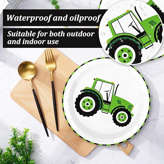 Whaline 40Pcs Tractor Party Paper Plate Green Tractor Disposable Plate 4 Designs Tableware for Birthday Construction Party Supplies Table Decor, 9 in