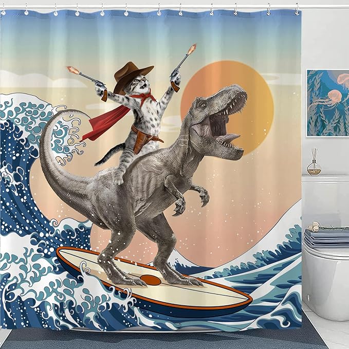 Yeoiat Funny Cat Shower Curtain Cool Cat Riding Dinosaur Surfing in Ocean Wave, Cute Shower Curtain Set 12 Hooks for Bathroom Decor, (Blue, 72"x72")