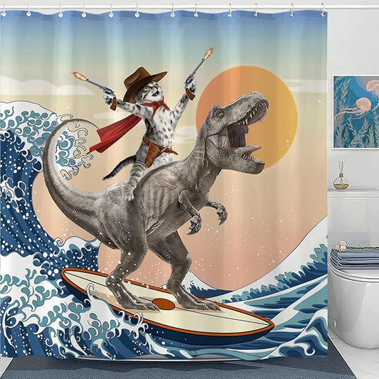 Yeoiat Funny Cat Shower Curtain Cool Cat Riding Dinosaur Surfing in Ocean Wave, Cute Shower Curtain Set 12 Hooks for Bathroom Decor, (Blue, 72"x72")
