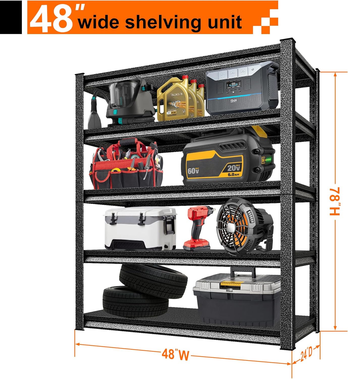 Garage Storage Shelves Heavy Duty, 48”W Garage Shelving and Storage Rack, 3000LBS Loads Shelving Units, Adjustable 5-Tier Metal Shelves for Garage, Warehouses, 48”W×24”D×78”H,Silver