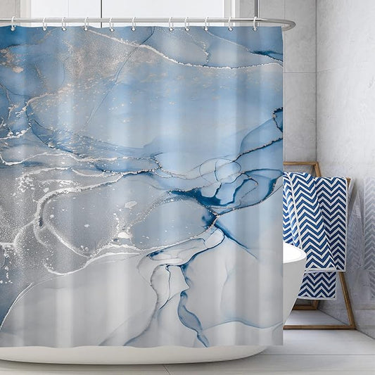 AWERT Blue Marble Shower Curtain for Bathroom Modern Blue White Marble Ink Shower Curtain with Hooks Washable Bathroom Accessories Bathtub Decor 72x78inch