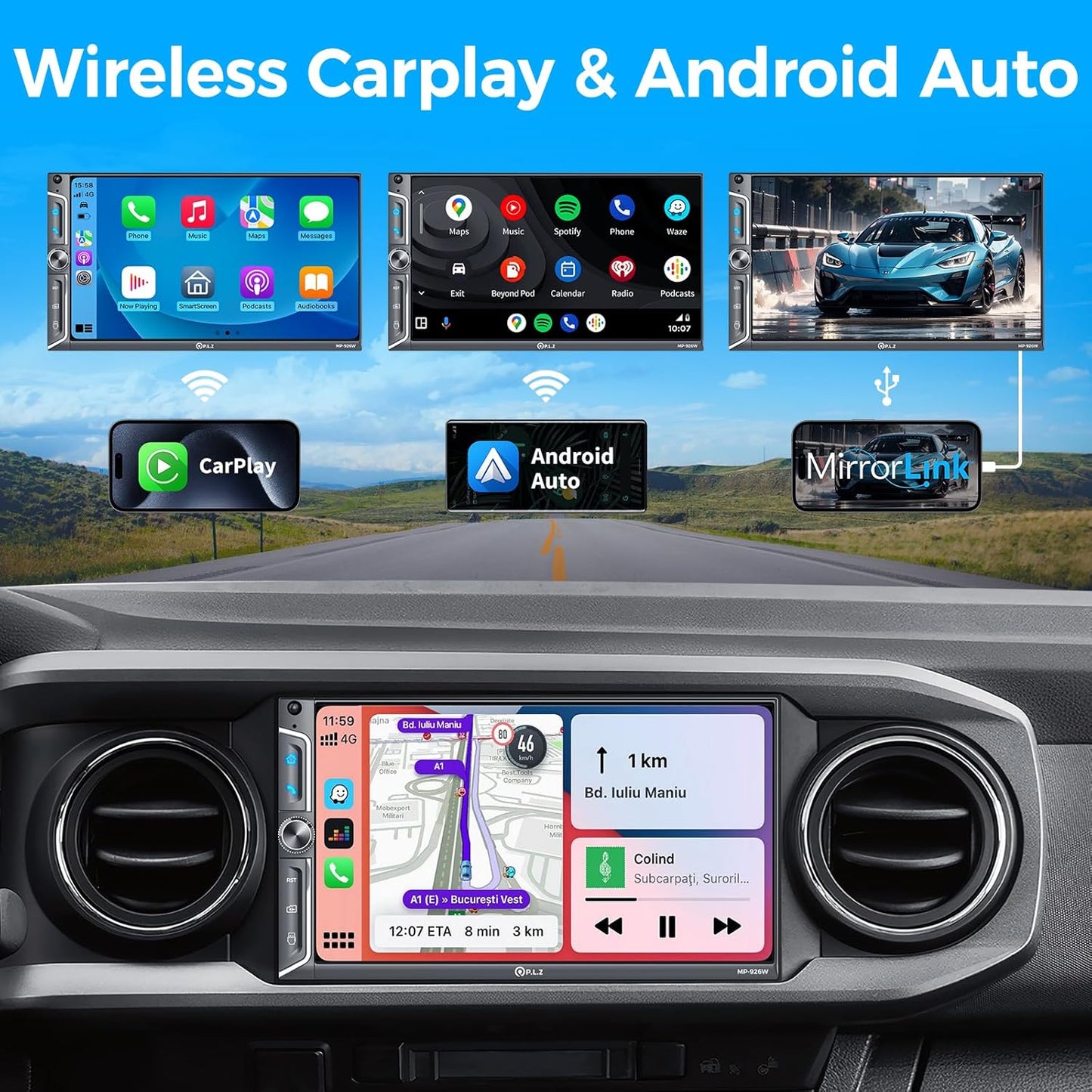 PLZ 7" QLED Wireless Double Din Car Stereo - Apple CarPlay & Android Auto, 240W 4.2CHN, 2 Subwoofers Outputs, SWC, Bluetooth, FM/AM Car Radio, Backup Camera