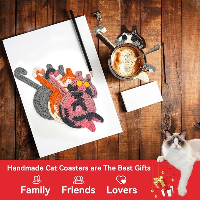 4 Pcs Coasters for Drinks, Boho Style Coaster, Cotton Woven Creative Cute Cat Coaster, Funny Coasters for Bar, Table Protection Suitable, Housewarming Gifts New Home