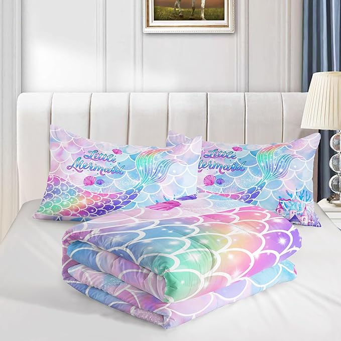 Bedding Comforter Set Rainbow Purple Mermaid Tail Printed Comforter Set with 1 Comforter and 2 Pillowcases for Girls Bedroom All Season(Rainbow Purple Twin)