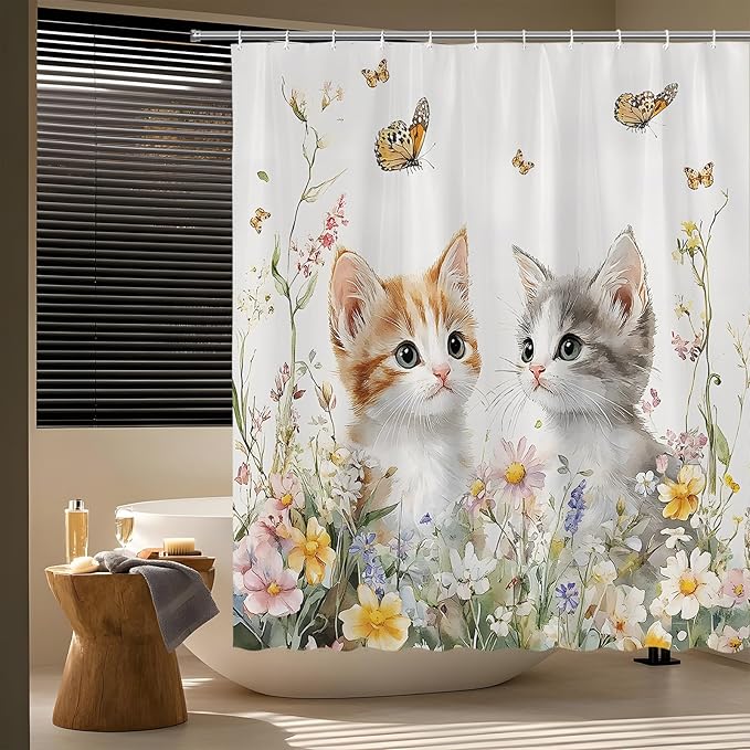 Butterfly and Kitten Floral Shower Curtain Cute Cat Spring Farmhouse Rustic Farm Animal Garden Cats Pet Lover Wildflower Bathroom Curtains Set Polyester Fabric with Hooks 80" W x 70" L