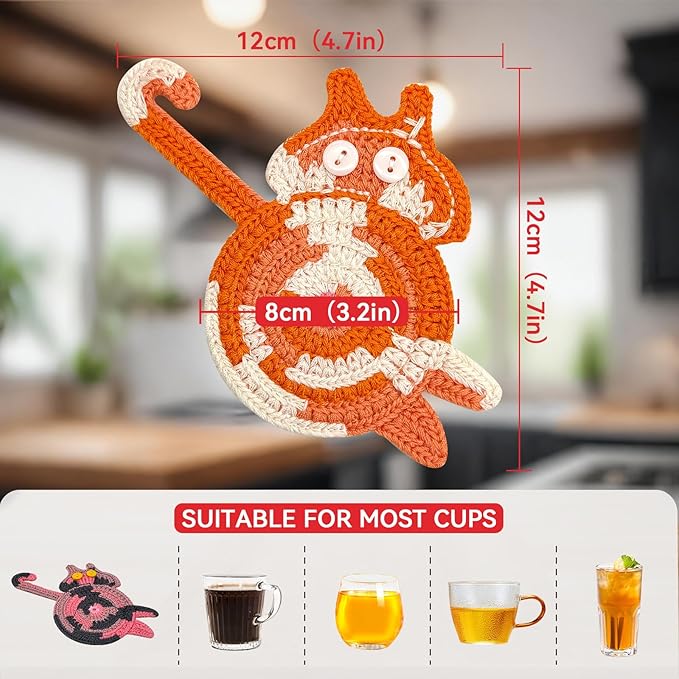 4 Pcs Coasters for Drinks, Boho Style Coaster, Cotton Woven Creative Cute Cat Coaster, Funny Coasters for Bar, Table Protection Suitable, Housewarming Gifts New Home