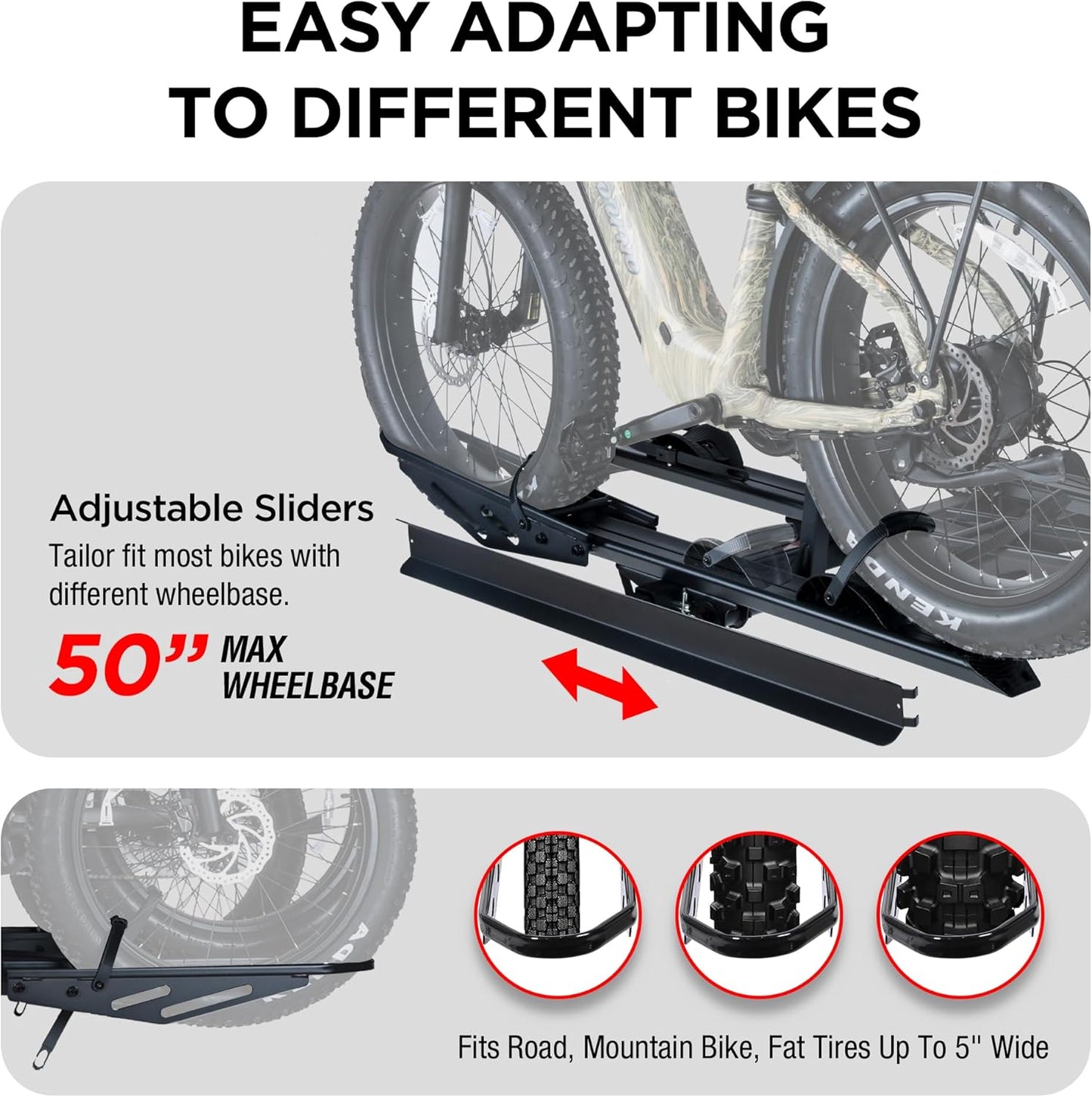 Rockland Foldable 3-Ebike Rack with Ramp, 250 lbs Capacity, Hitch Mount Electric Bike Rack, Fits up to 5" Fat Tire Width and 50" Wheelbase, Ebike Carrier Rack for 2" Receiver for Cars SUVs Vans RVs