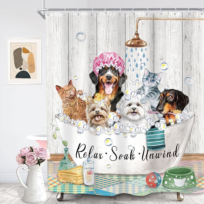 SVBright Funny Kids Shower Curtain 60Wx72L Inch Cute Dogs Cats Animal Taking a Bath in Bathtub Bubbles Farmhouse Hilarious Lovely Pets 12 Pack Hooks Polyester Waterproof Fabric Bathroom Bathtub Panels