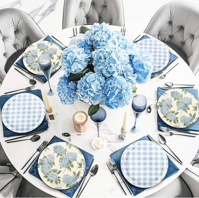 Whaline 40Pcs Hydrangea Plaid Paper Plate Blue And White Floral Disposable Dinner Plate Flower Checkered Tableware For Spring Party Supplies Table Decor, 9 In