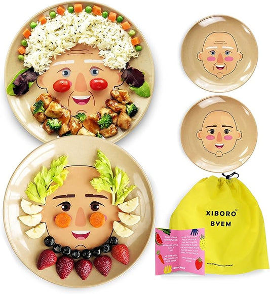 XIBORO BYEM Make A Face Plate For Kids (2 pcs) Canadian Design Picky Eater Unbreakable Microwave & Dishwasher Safe Cute Plates Biodegradable Toxin & Melamine Free