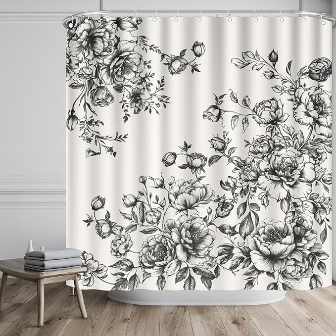 Vintage Floral Shower Curtain Chinoiserie Black White Victorian Style Floral Bathroom Curtain with Hooks Waterproof Fabric Washable Waterproof Curtain for Bathtub Decor 72x72 Inch