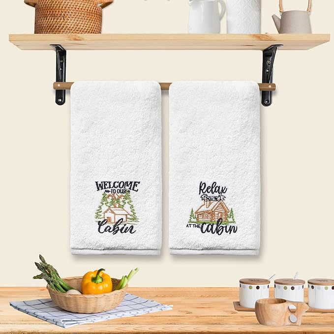Cabin Hand Towels for Bathroom, Cabin Decor Embroidered Dish Towels, Log Cabin Decor Gifts Decorative New Home Bear Deer Tea Hand Towels, 100% Cotton Soft Towels for Kitchen 14x30 Inches