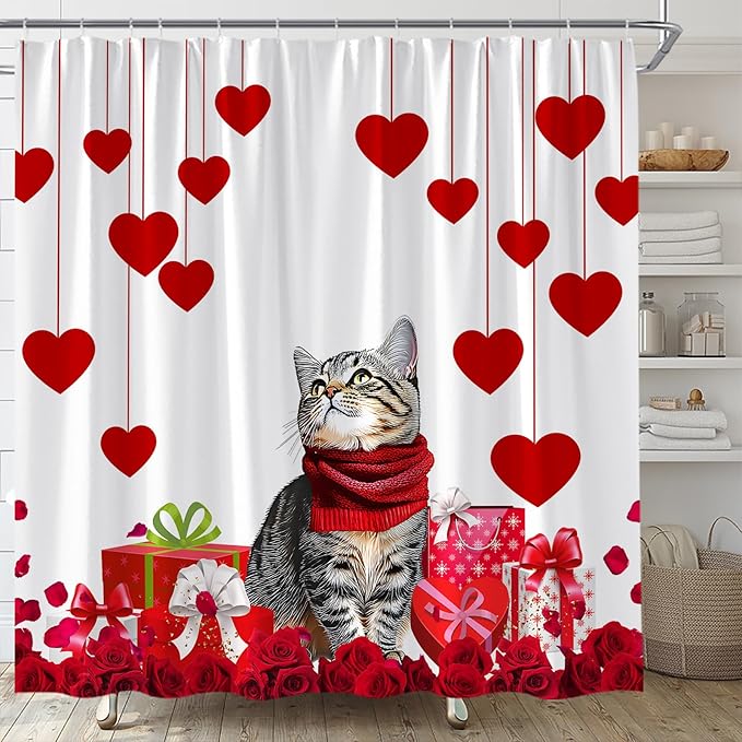 Valentine's Day Shower Curtain Cute Cat Romantic Red Heart Rose Love Couple Woman Girl Creative Bathroom Curtains Decor Fabric Set Include Hooks,(70" Wx84 H)