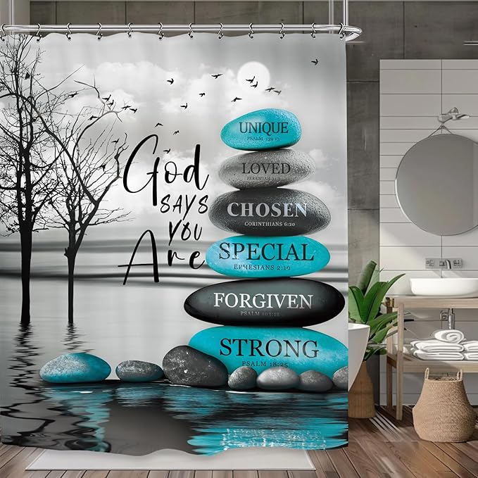 Teal Zen Spa Shower Curtain 60Wx72L Inch Quotes Meditation Inspirational Motivational Bible Positive Bathroom Set Accessories Decor with 12 Pack Hooks