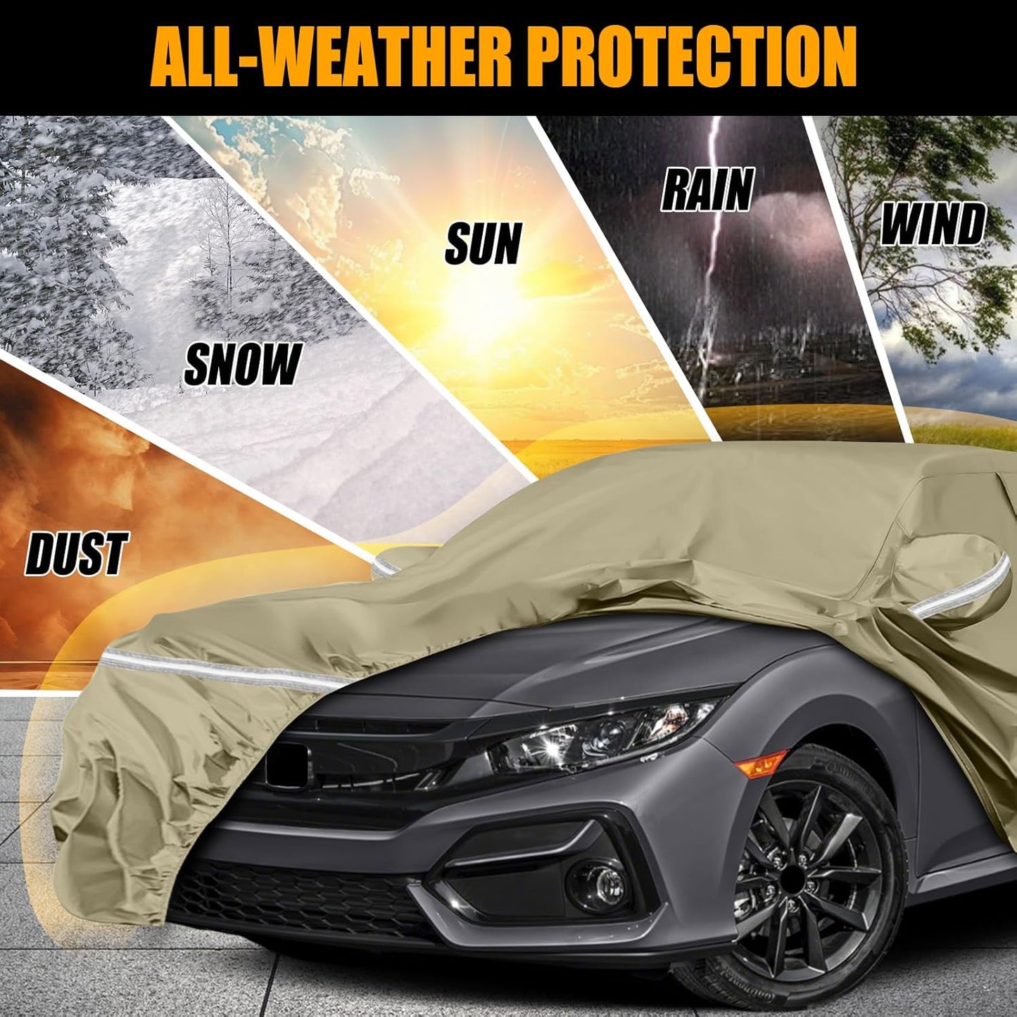 Waterproof Car Covers Replace for 2011-2025 Honda Civic, Multilayer Heavy Duty with Cotton Liner All Weather Custom-fit Car Cover with Zipper Door, Windproof Bands for Snow Rain Dust Protection