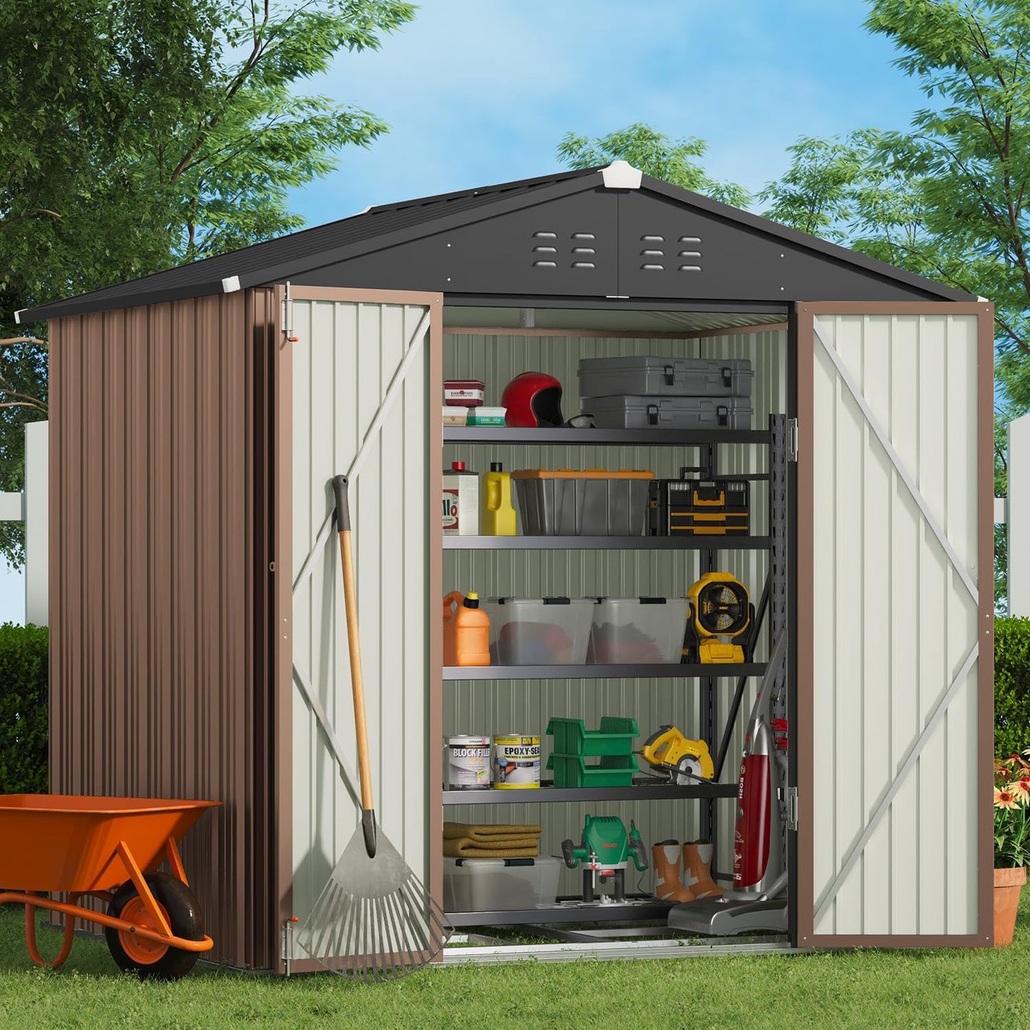 Gizoon Outdoor Storage Shed 8 x 6 FT, Galvanized Metal Garden Shed with Double Lockable Doors, Outdoor Storage Clearance for Backyard Patio Lawn-Light Brown