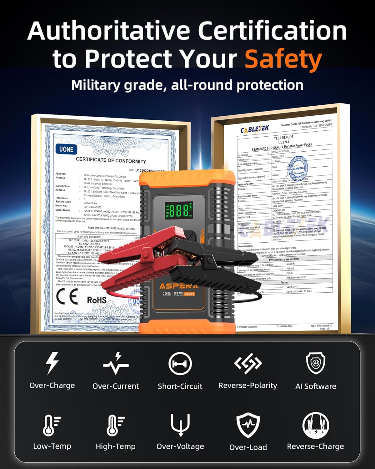 ASPERX Jump Starter with Air Compressor,【Upgrade & Safety Certs】10L Gas/8L Diesel(Almost All Cars) 12V Jumper Box Car Battery Jumper Starter Portable with Tire Inflator, Jumper Cables, Display & Light