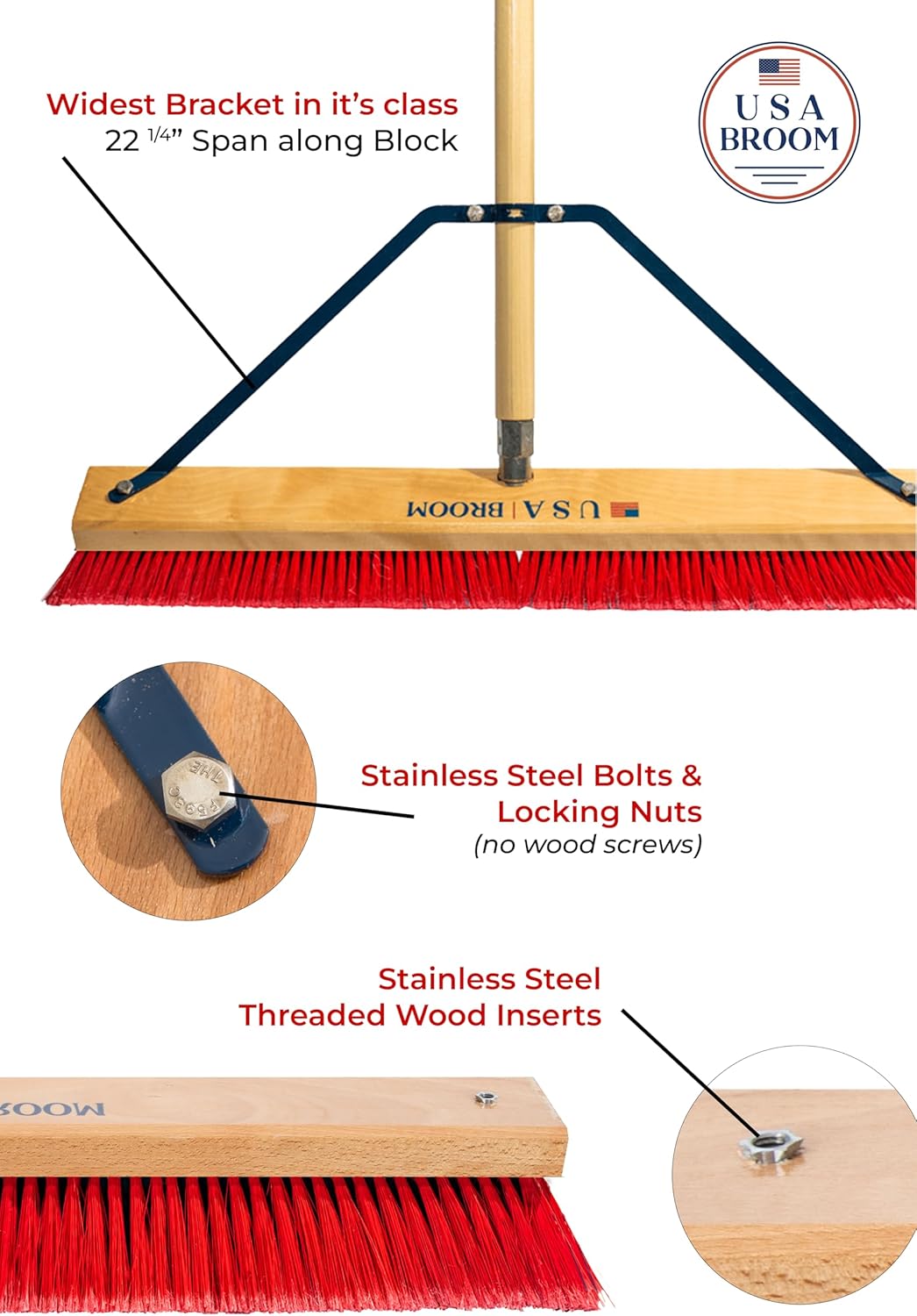 24" Everyday Sweep Indoor/Outdoor Push Broom with 60" Handle. Ideal for Garages & Shops. Durable American Made Steel Brackets-All Stainless Steel Hardware. No Plastic. 100% Made in The USA.