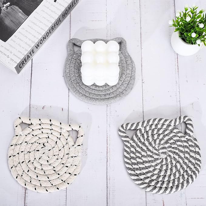 Whaline Cat Ears Coaster Set Cat Ear Shape Handmade Braided Cotton Coasters White Grey Non-Slip Absorbent Drink Coaster with Holder for Spring Mother's Day Birthday Housewarming Gifts Home Decor, 4Pcs