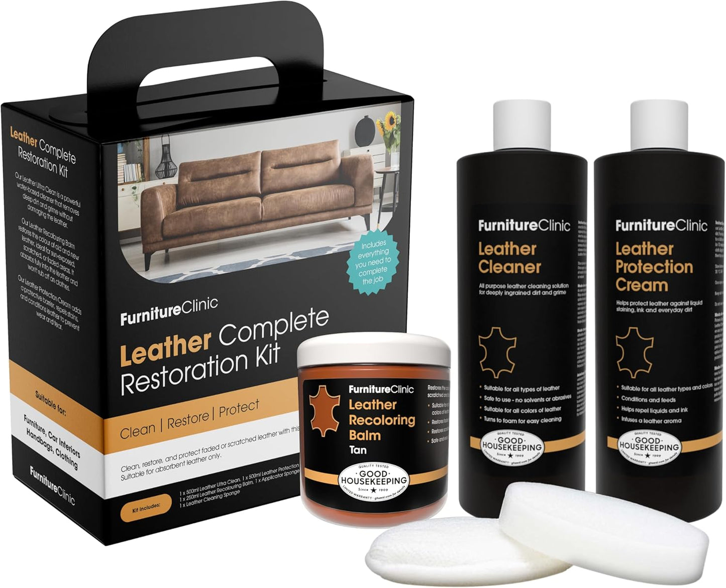 Furniture Clinic Leather Complete Restoration Kit | with Leather Recoloring Balm, Cleaner, 2-in-1 Protection Cream & Conditioner, Sponge, and Cloth | Repair Kit for Furniture (Tan)