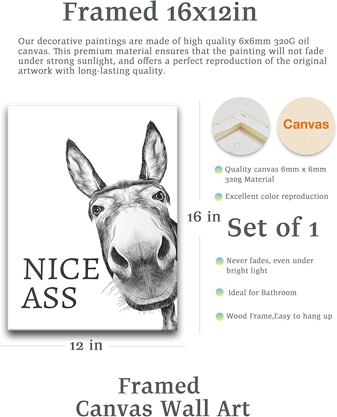 UPWOIGH Funny Bathroom Wall Art Decor, Black and White Donkey Wall Art, Waterproof Wood Framed Canvas Wall Art Animals Abstract Prints, 12x16in High-end Pictures for Dormitory Kids Room 1 Pack