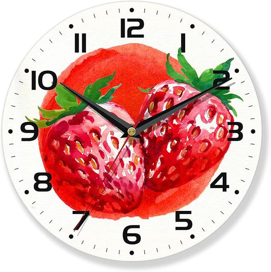 Wall Clocks,Red Strawberry 10 Inch Wall Clock,Summer Small Battery Operated Wall Clocks Decorative for Kitchen/Living Room/Bedroom/Bathroom/Dining Room