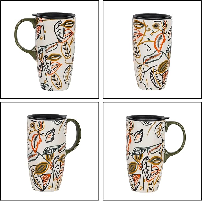 Topadorn Ceramic Coffee Mug Travel Cup with Lid Latte Mug,17oz.Leaves, Father's Day Gift