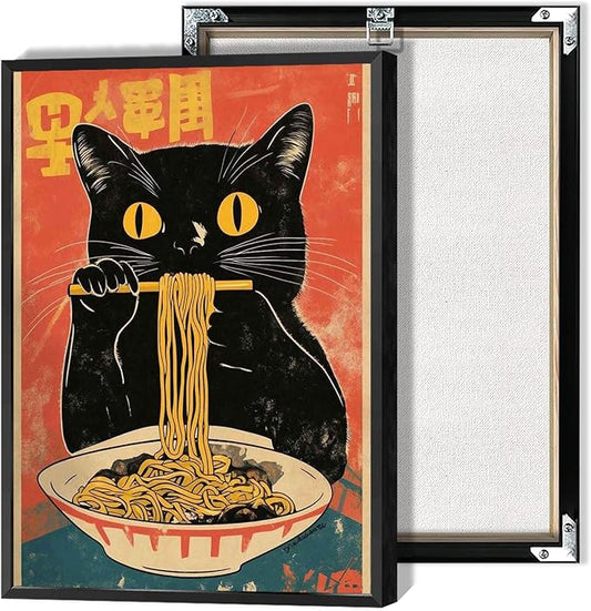 Vintage Cute Black Cat Eats Lamian Noodles Poster Prints Lamian Noodles Canvas Wall Art Cute Black Cat For Home Bedroom Kitchen Dorm Wall Decor 16x24in Black Frame