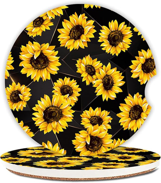 Sunflowers Absorbent Car Coasters 2 Pack for Cup Holders, 2.56" Ceramic Stone & Non-Scratch Cork Base Drink Coasters, Auto Accessories for Women & Men