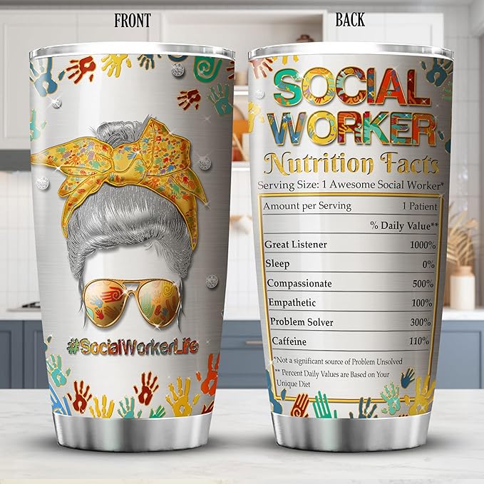 ZOXIX Social Worker Travel Mug Tumbler 20oz Graduation Appreciation Gifts For BSW DSW Colorful Messy Bun Hair Jewelry Style MSW LCSW Gift For Women Caregiver Insulated Cup With Lid