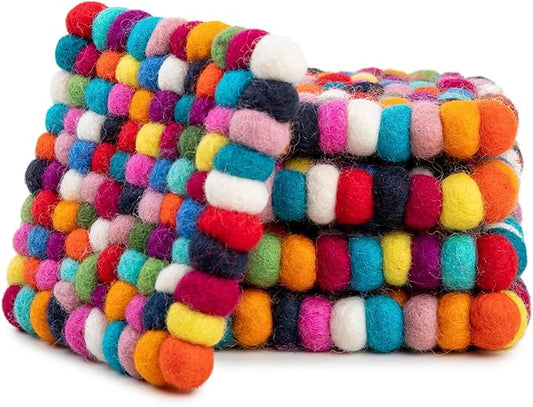 Square Felt Ball Coasters - 100% Merino Wool Table Coasters - Felt Coaster Pads, Absorbent Trivet for Drinks - Heat Resistant, Thick & Durable Hand Felted in Nepal by Woolygon- Multicolor - Set of 5