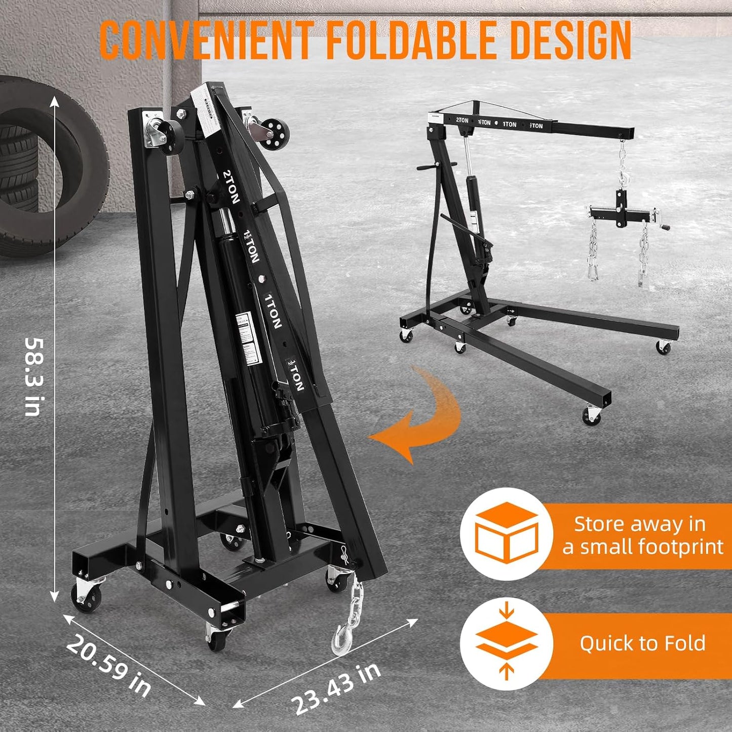 Engine Hoist with Lever, 2 Ton 4000 Lbs Heavy Duty Folding Cherry Picker Engine Lift Hydraulic Tilting Engine Shop Crane with 6 Iron Caster Wheels Telescopic Boom Hitch,Black