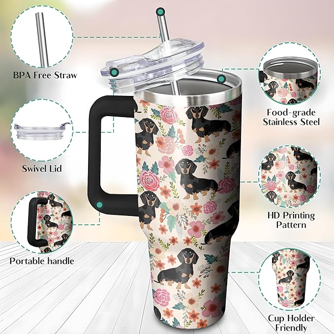 40 Oz Dachshund Tumbler With Handle and Straw, Double Wall Stainless Steel Mug, Coffee Mug for Dog Lovers, Dad or Mom Tumbler, Gifts for Women and Men