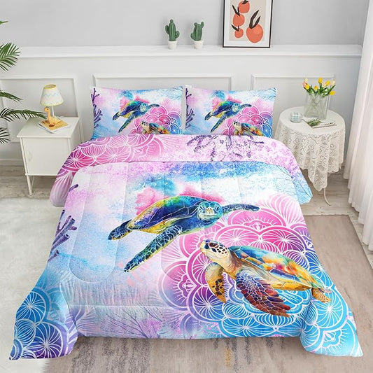 Watercolor Turtle Comforter Bedding Set for Kids Teens,Pink and Blue Ocean Themed Sea Pattern Microfiber Comforter with 2 Pillowcases(Watercolor Turtle Queen)