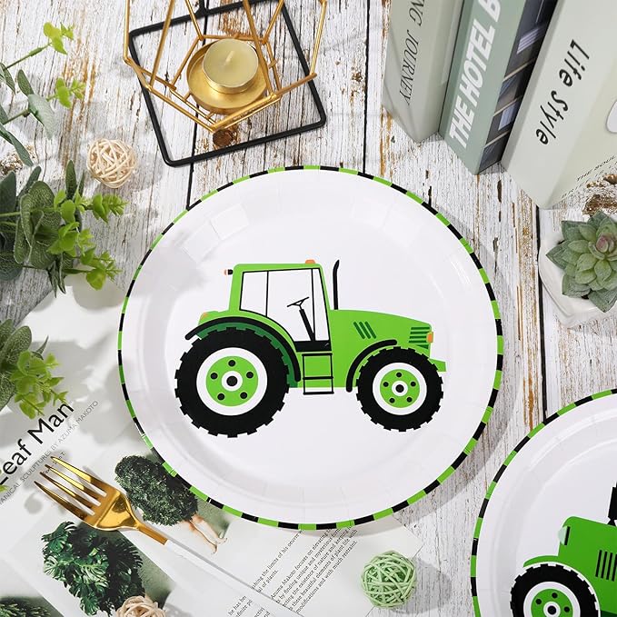 Whaline 40Pcs Tractor Party Paper Plate Green Tractor Disposable Plate 4 Designs Tableware for Birthday Construction Party Supplies Table Decor, 9 in