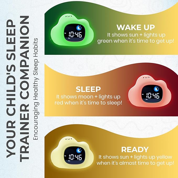 Bumble & Bright Okay to Wake Clock for Kids - Adorable Cloud Design, Portable Nightlight, Soothing Sleep Aid, Kids Alarm Clock OK to Wake, 8 Color Options, Easy Display, Ideal for Parents