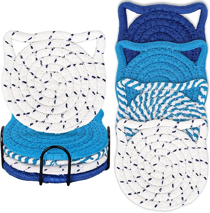 Whaline Cat Ear Coaster Set Cat Ear Shape Handmade Braided Cotton Coasters Blue White Non-Slip Absorbent Drink Coasters with Holder for Summer Birthday Housewarming Gifts Home Decor, Set of 4