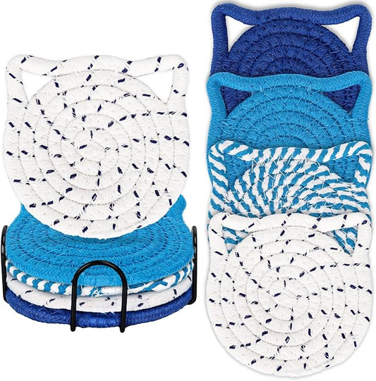 Whaline Cat Ear Coaster Set Cat Ear Shape Handmade Braided Cotton Coasters Blue White Non-Slip Absorbent Drink Coasters with Holder for Summer Birthday Housewarming Gifts Home Decor, Set of 4